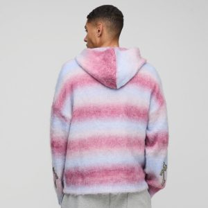 Boxy Fit Ombre Stripe Brushed Knit Cross Hoodie